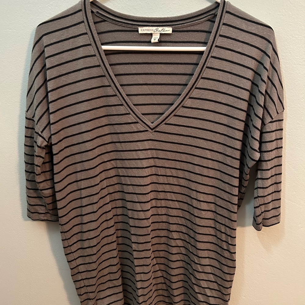 Express Gray and Black Striped V-Neck Long Sleeve Top